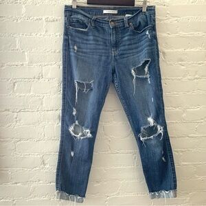 Eunina Mid Rise Cropped Cigarette Jeans Thrashed Distressed Blue Denim 90s Sz 9